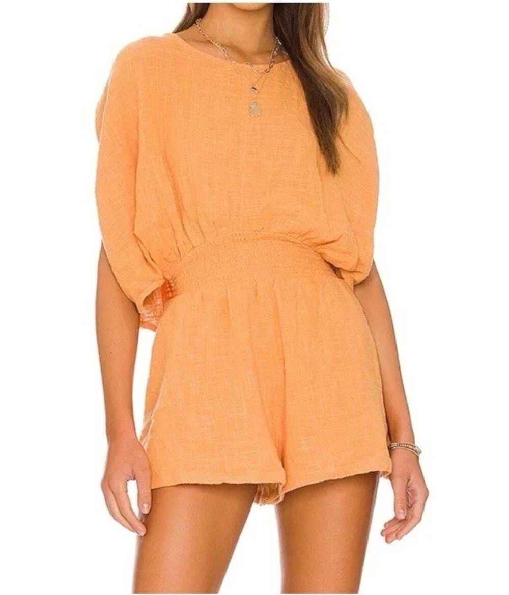 Free People Pietro Romper Womens Size M Orange Pull On Cotton Boho Shorts
